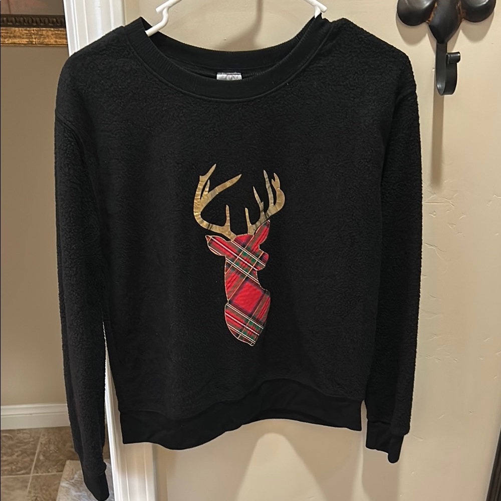 Black Sweater with Gold and Red Plaid Deer Design